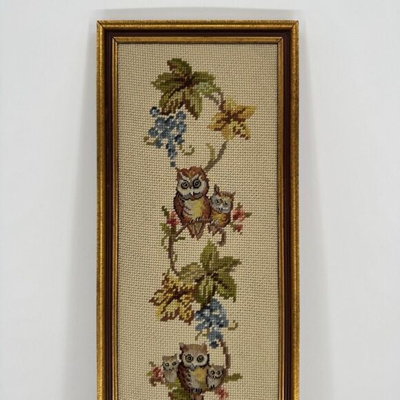 Owl Needlepoint Embroidery Framed Vintage Cottage Woodland 31" x 8" Gold Decor - Picture 2 of 6